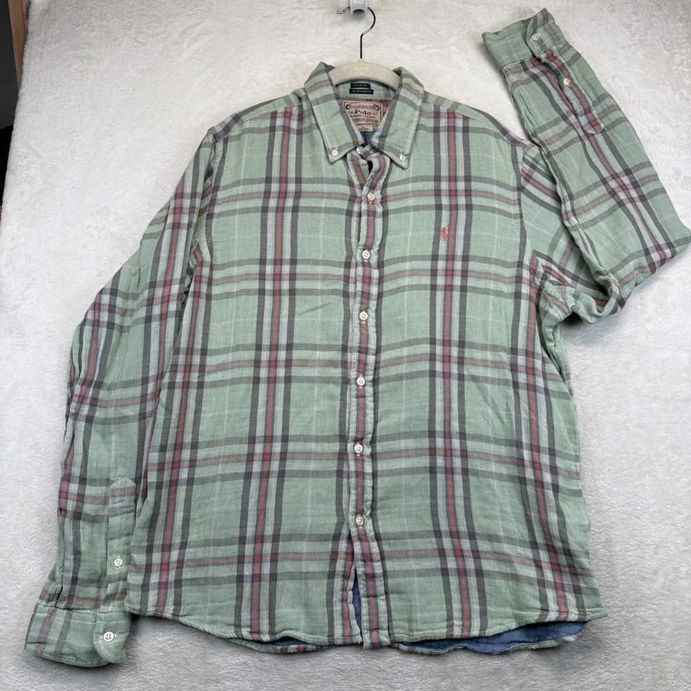 Polo Ralph Lauren Men's Green Plaid Chambray Lined RL Untucked Shirt Large